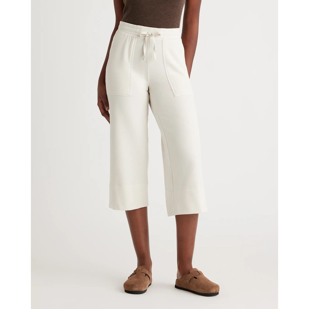 Quince S‎ Small  SuperSoft Fleece Cropped Wide Leg Pants Drawstring Off-White